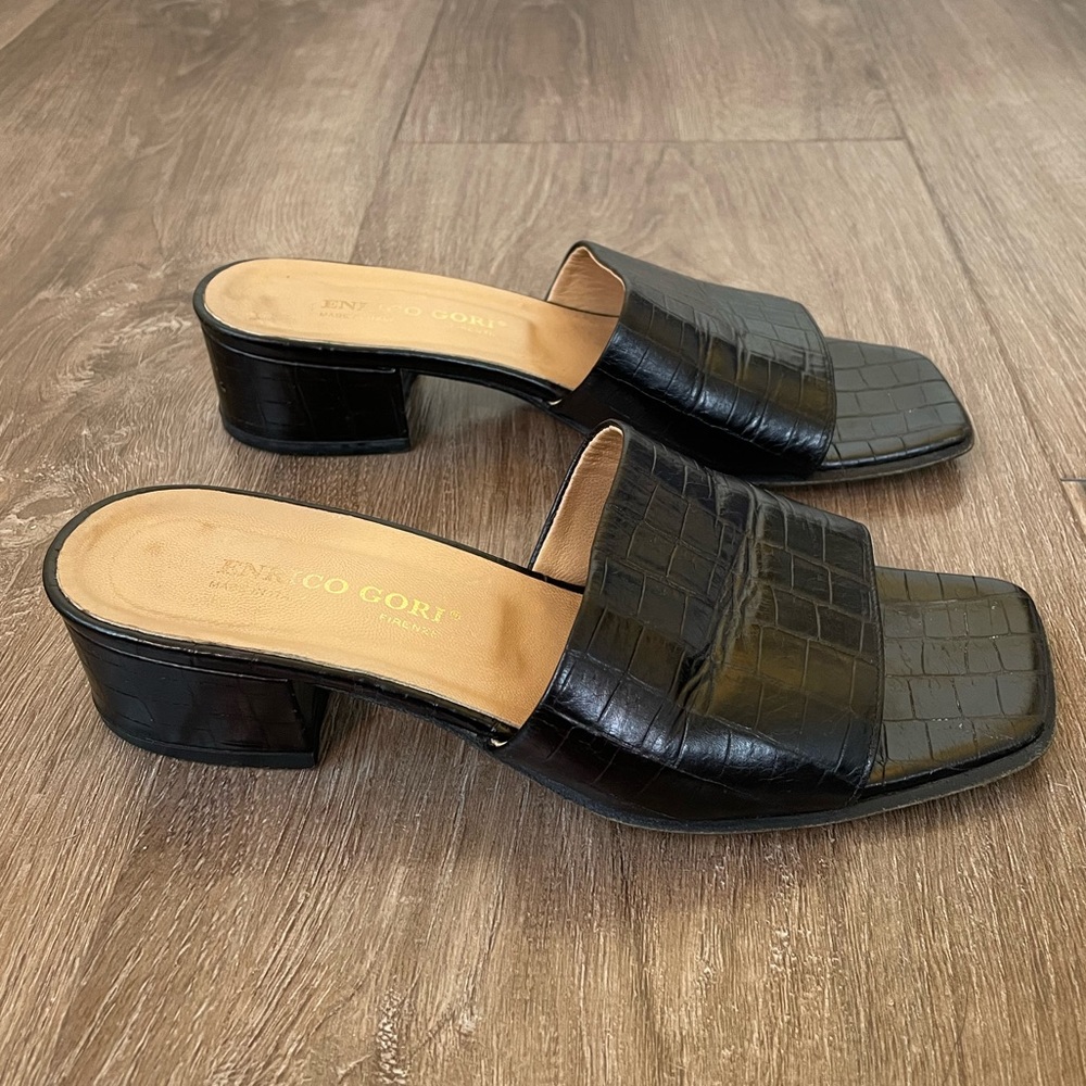 Enrico Gori leather slides block heel black snake skin textured women’s size 6.5